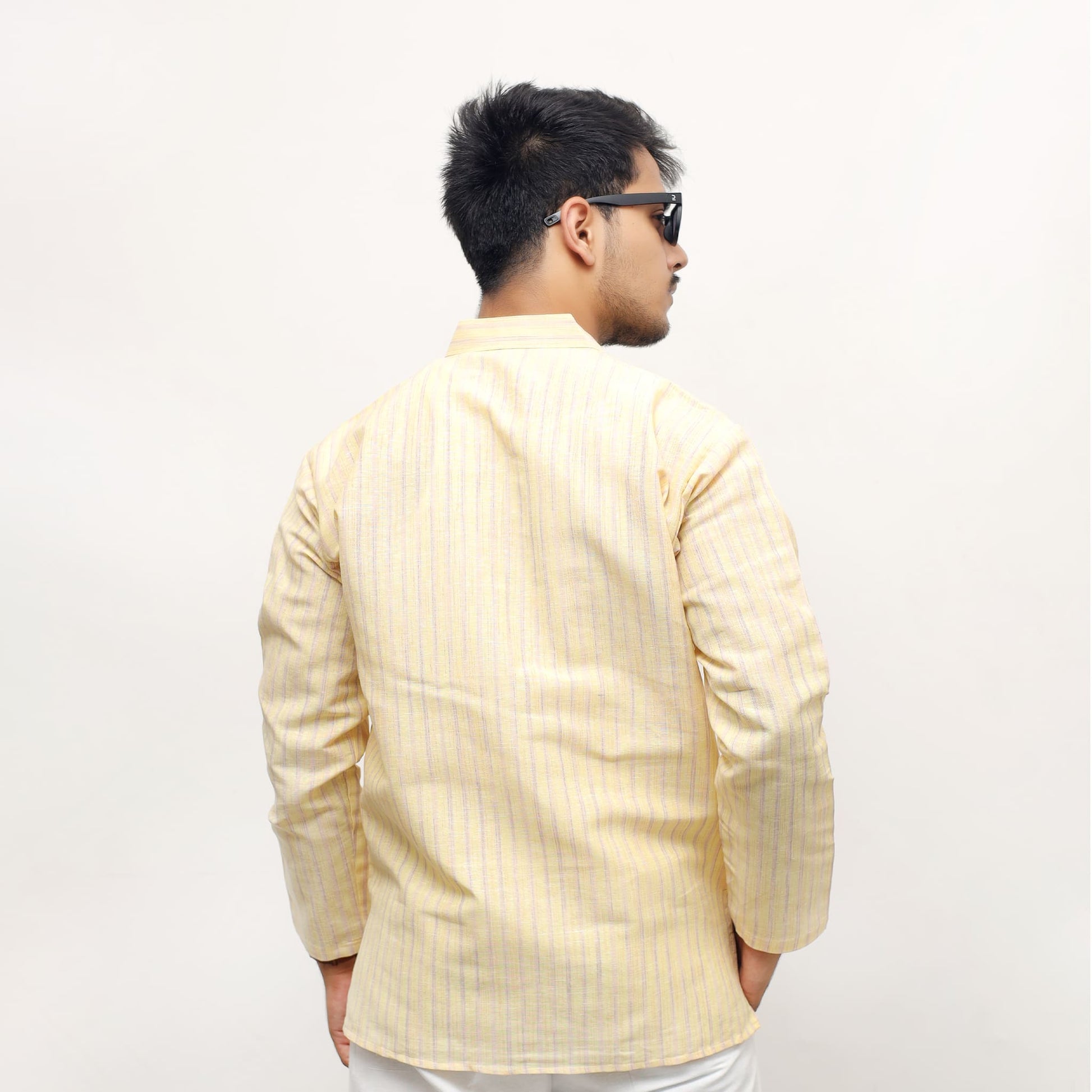 Back view of Yellow Golden Striped Handwoven Khadi Kurta