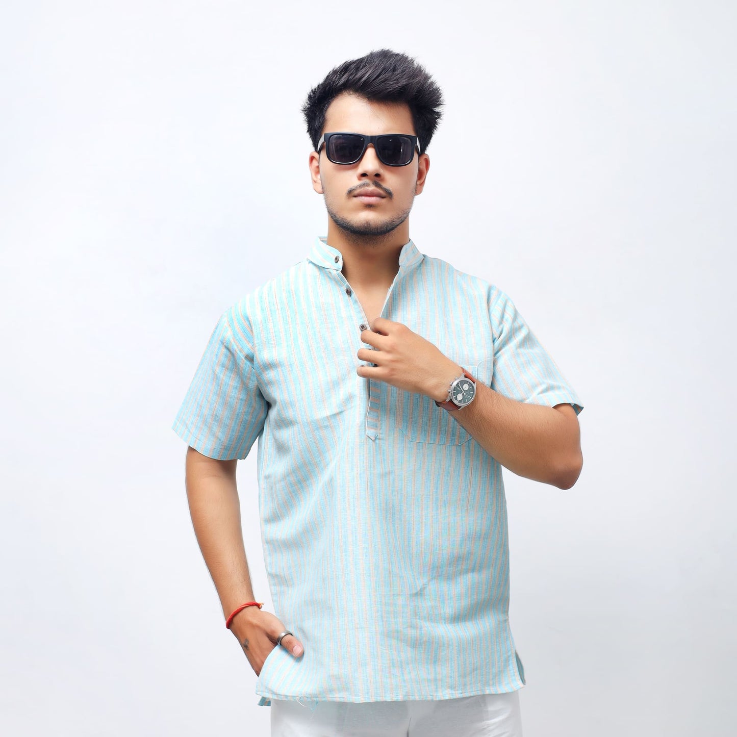 Blue Golden Striped Full Sleeves Kurta for Men Front View
