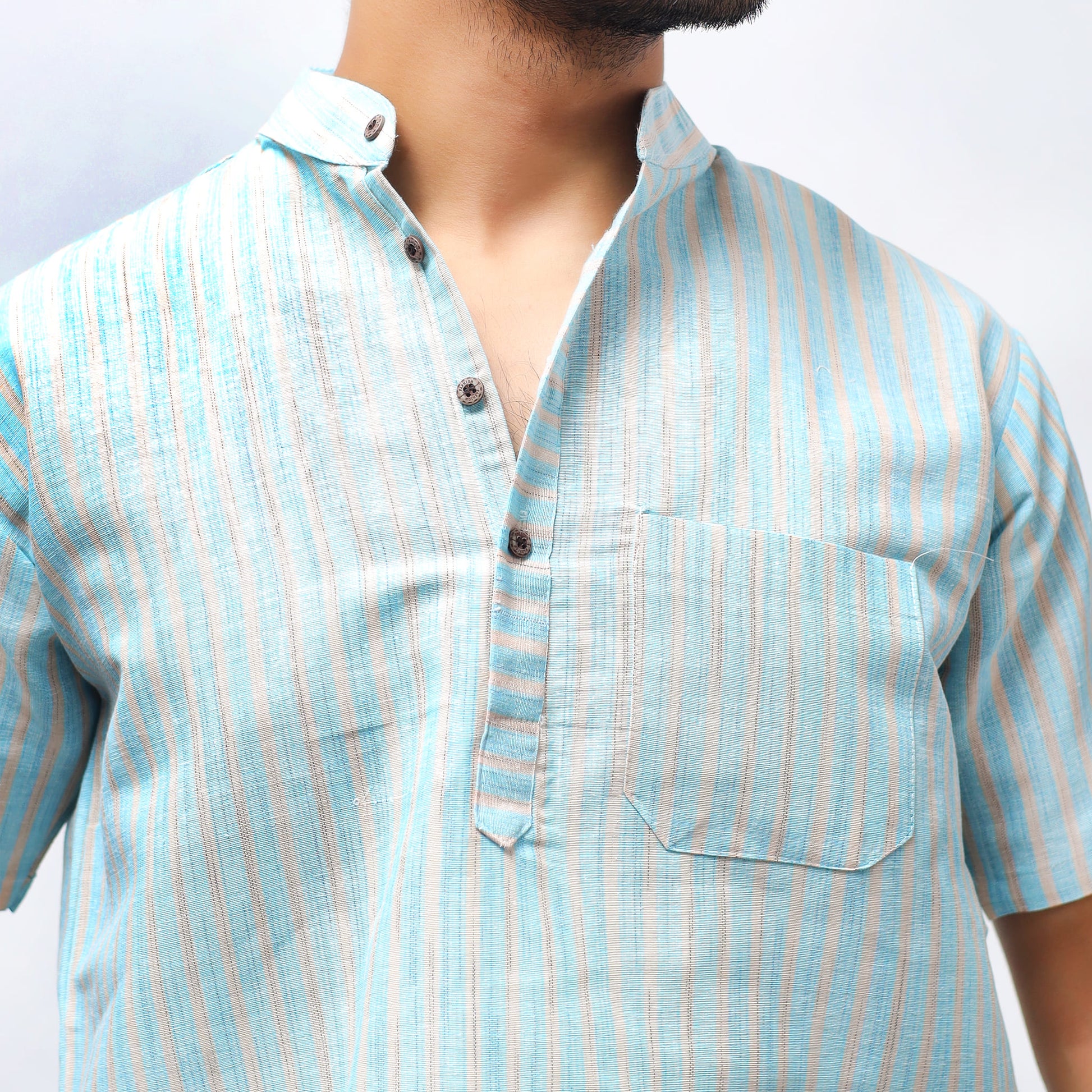 Blue Golden Striped Khadi Kurta Collar and Stripe Detail Close Up