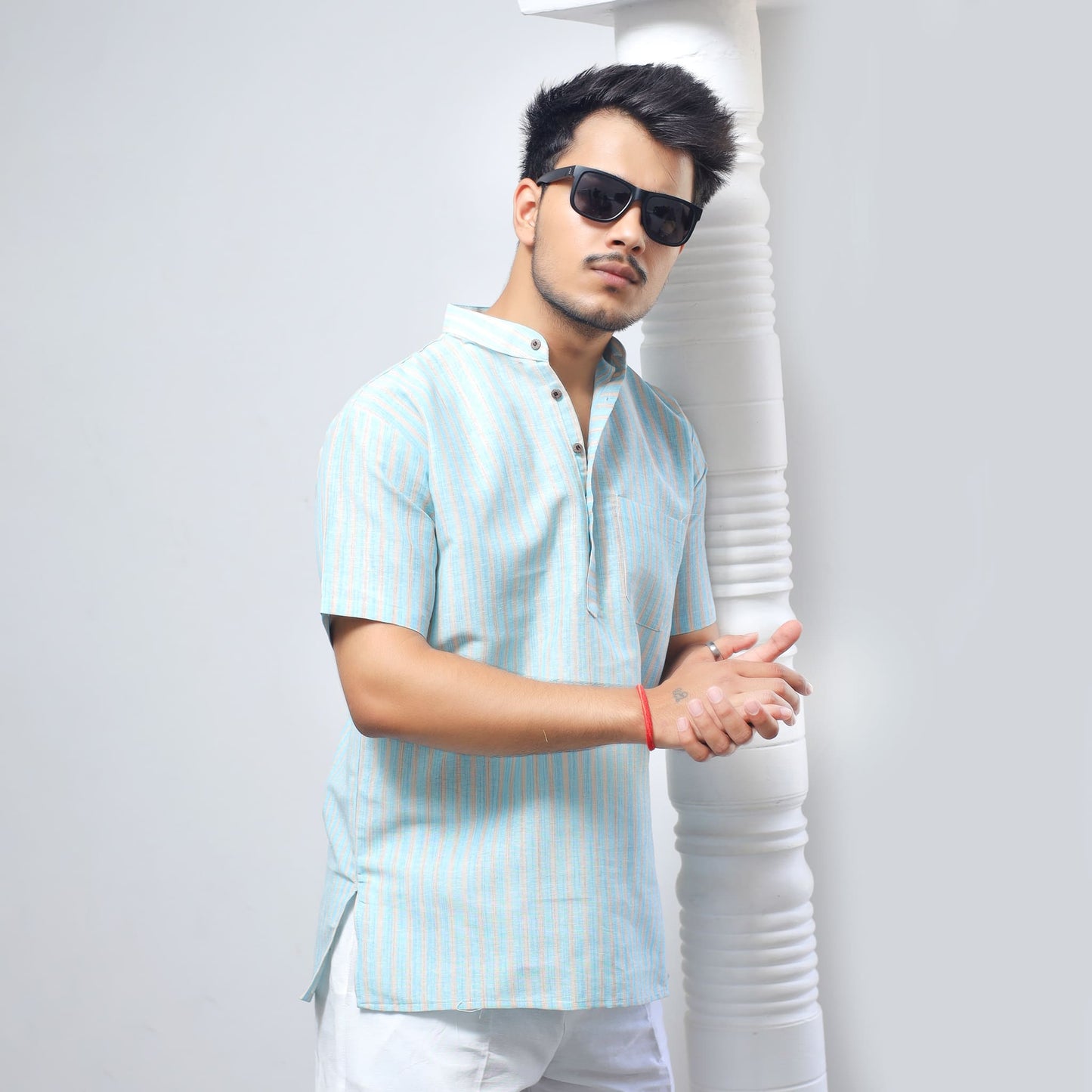 Blue Golden Striped Full Sleeves Kurta Side Profile View