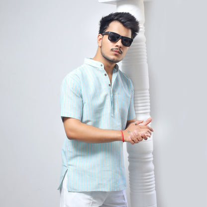 Blue Golden Striped Full Sleeves Kurta Side Profile View