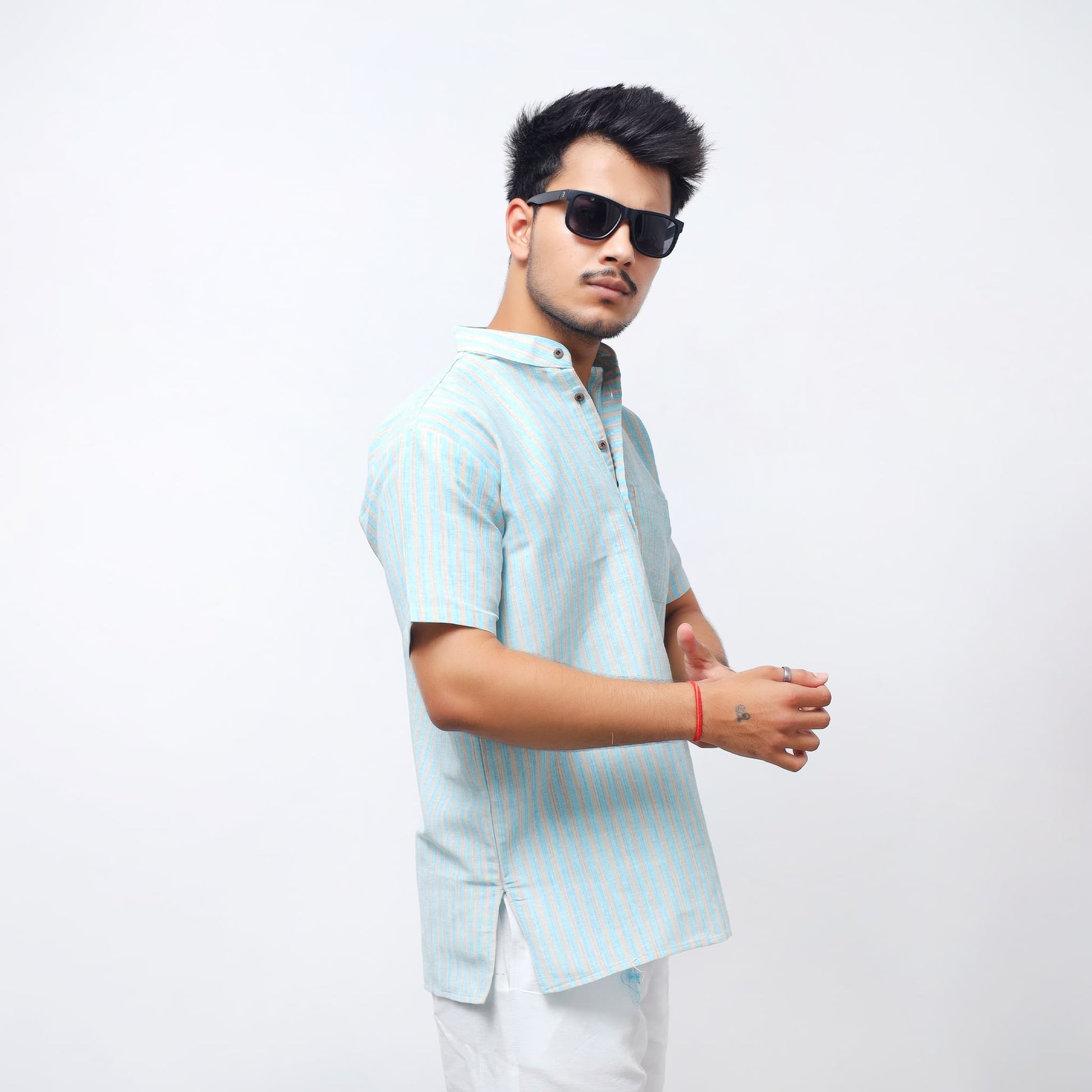 Blue Golden Striped Short Kurta Side Pose for Men