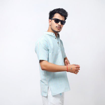 Blue Golden Striped Short Kurta Side Pose for Men