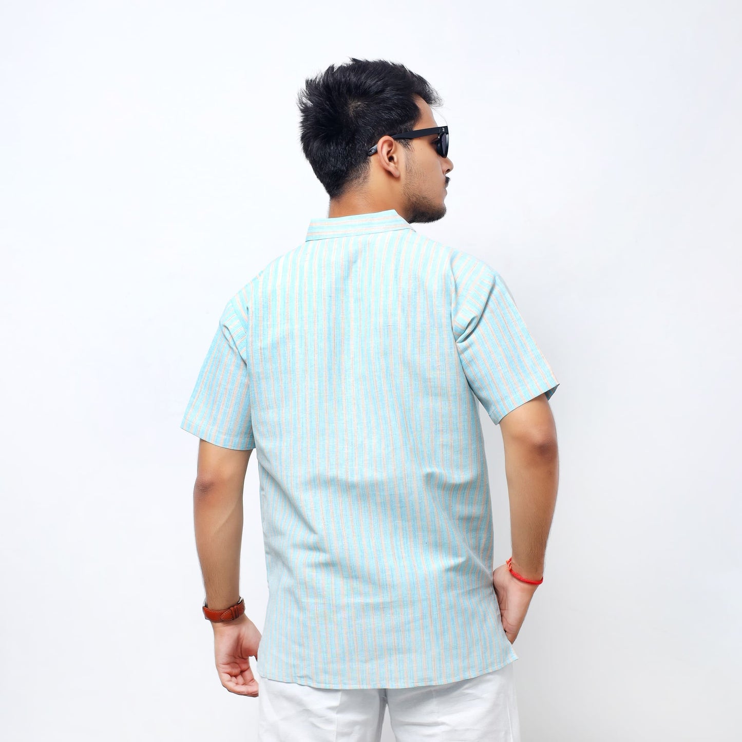 Back View of Blue Golden Striped Full Sleeves Kurta for Men