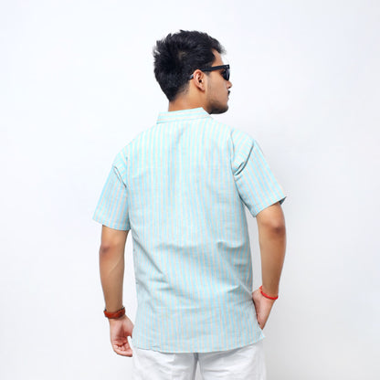 Back View of Blue Golden Striped Full Sleeves Kurta for Men