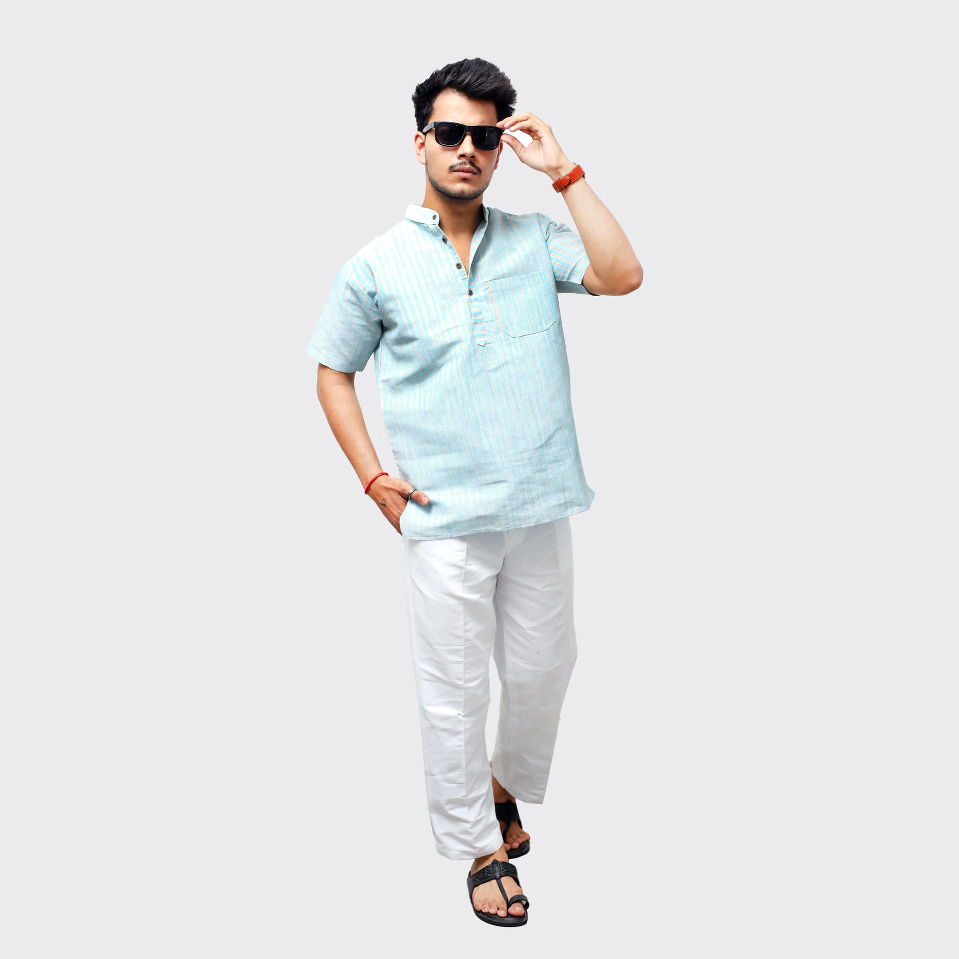 Blue Golden Striped Kurta Pant Combo Set Full Outfit Look