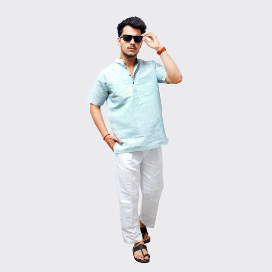 Blue Golden Striped Kurta Pant Combo Set Full Outfit Look