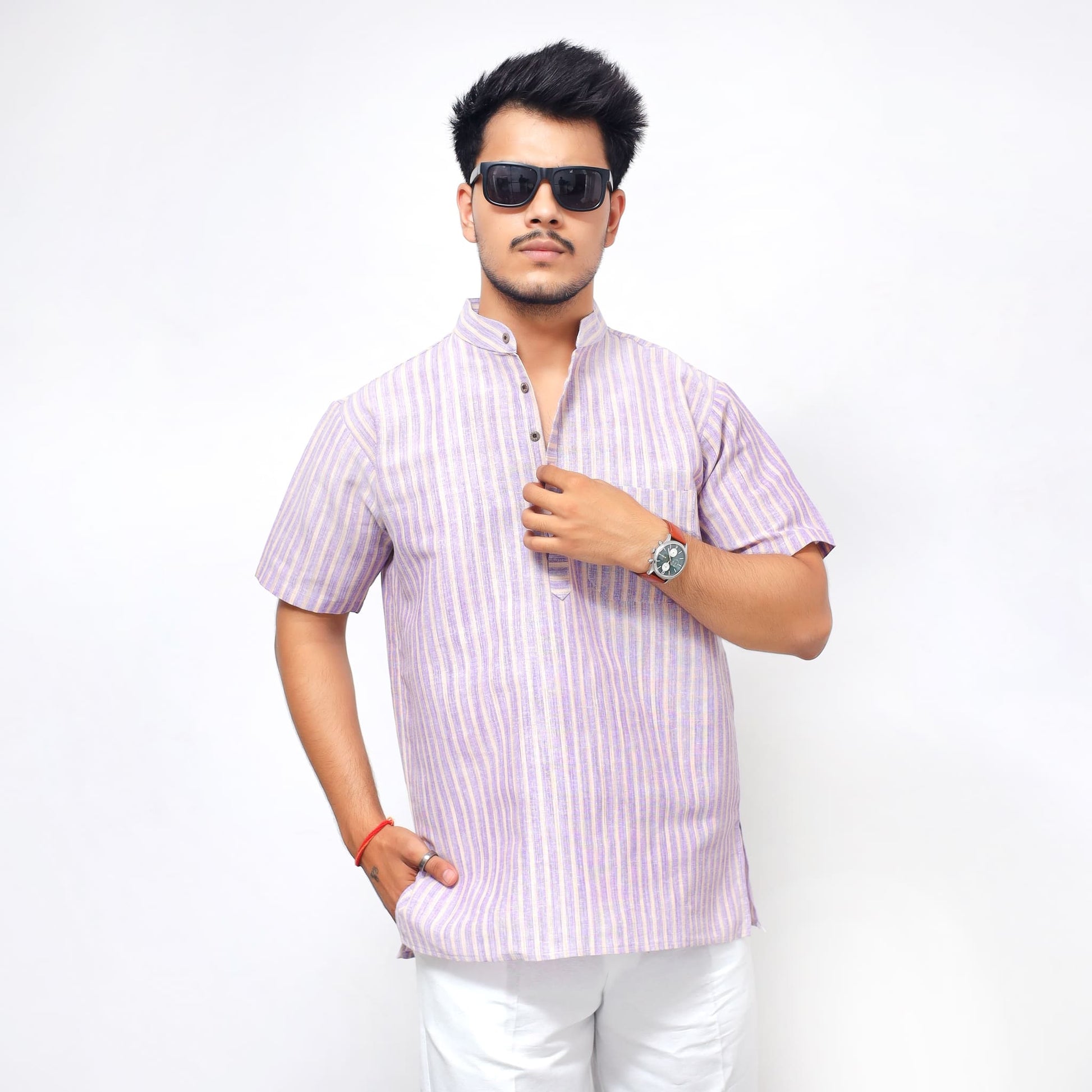 Purple Golden Striped Full Sleeves Kurta for Men