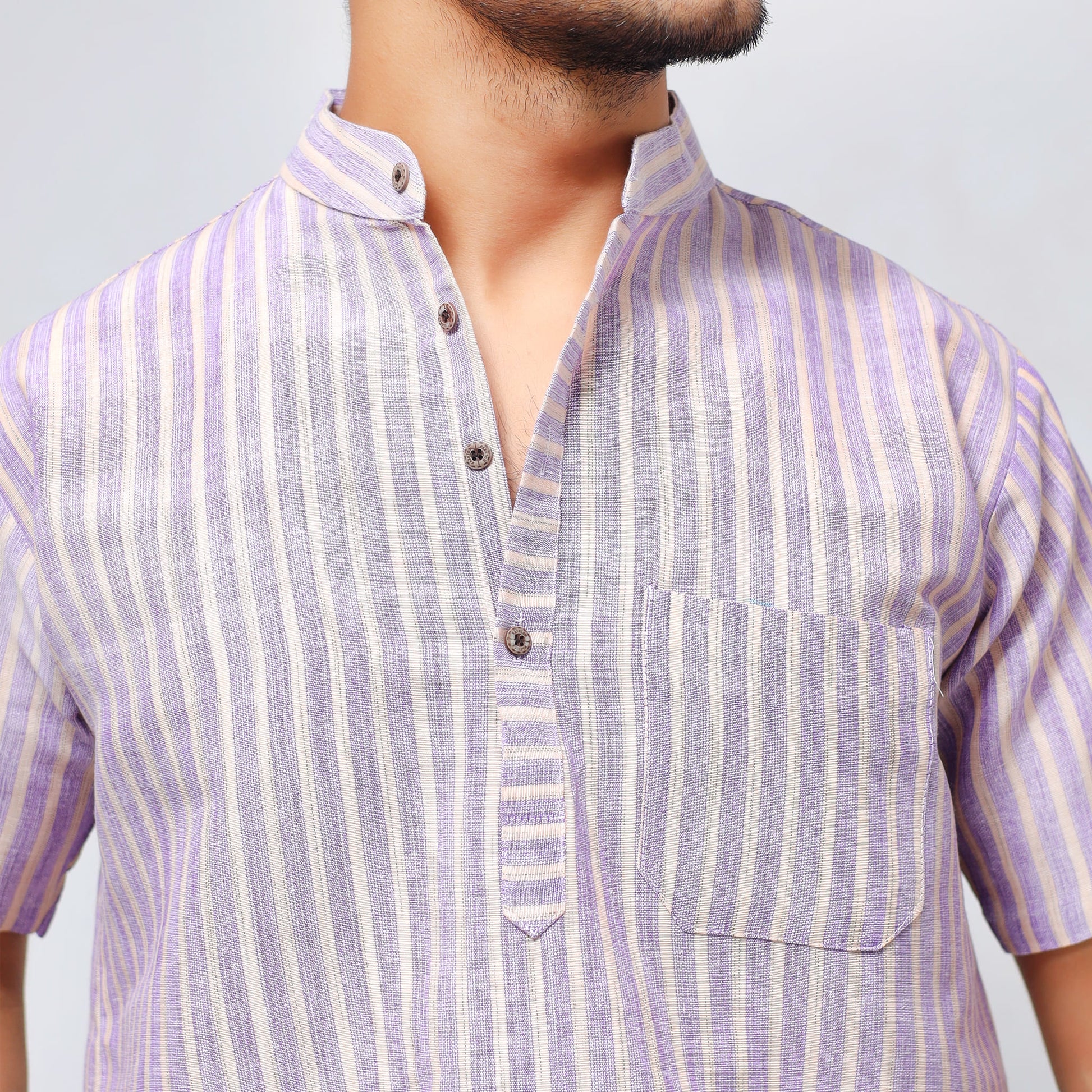 Purple Golden Striped Khadi Kurta collar and woven stripe detail