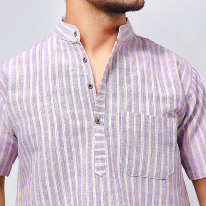 Purple Golden Striped Khadi Kurta collar and woven stripe detail