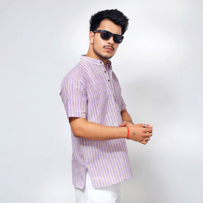 Side view of Purple Golden Striped Full Sleeves Short Kurta