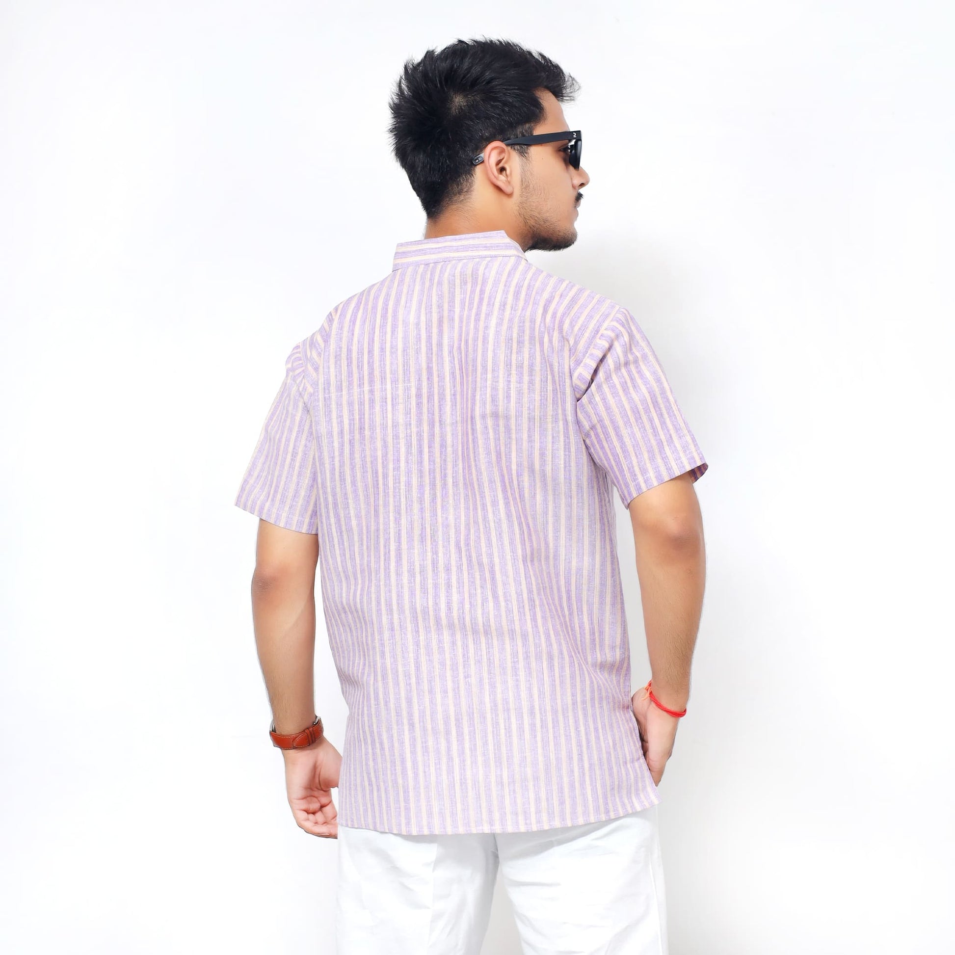 Back view of Purple Golden Striped Handwoven Khadi Kurta