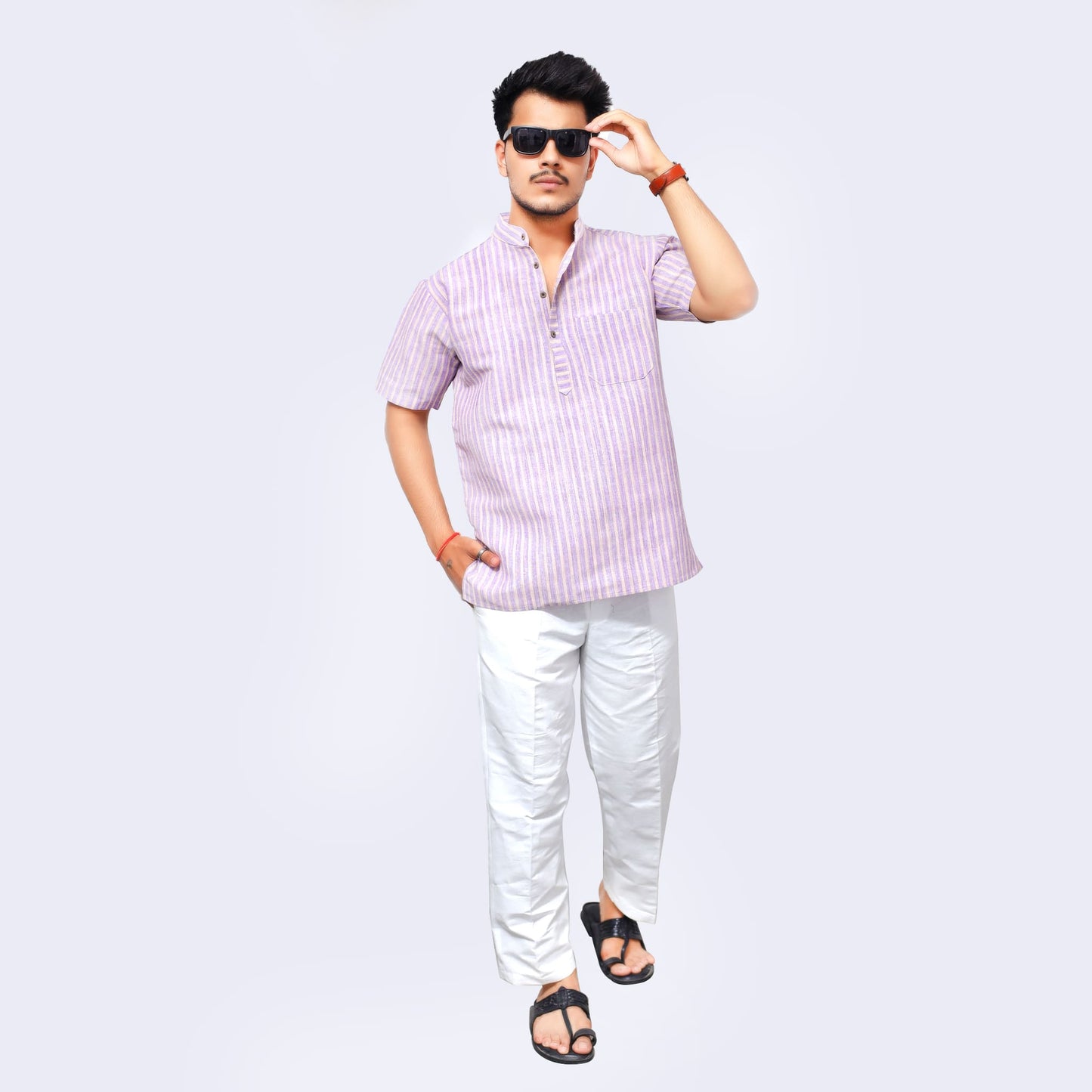 Purple Golden Striped Full Sleeves Kurta Pant Combo Set for Men