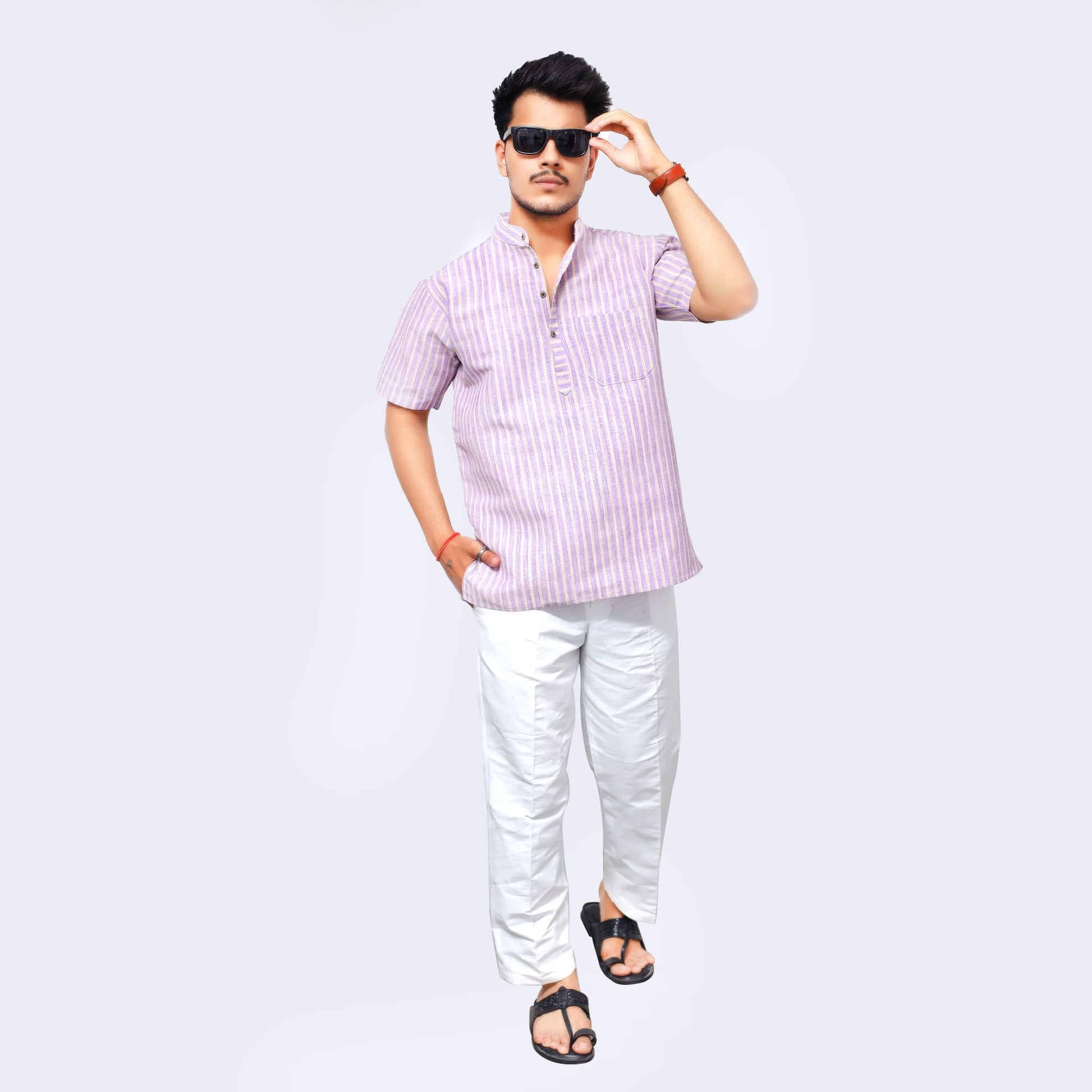 Purple Golden Striped Full Sleeves Kurta Pant Combo Set for Men