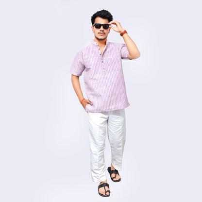 Purple Golden Striped Full Sleeves Kurta Pant Combo Set for Men