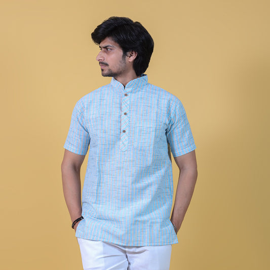 blue khadi cotton short kurta for men front view golden stripes