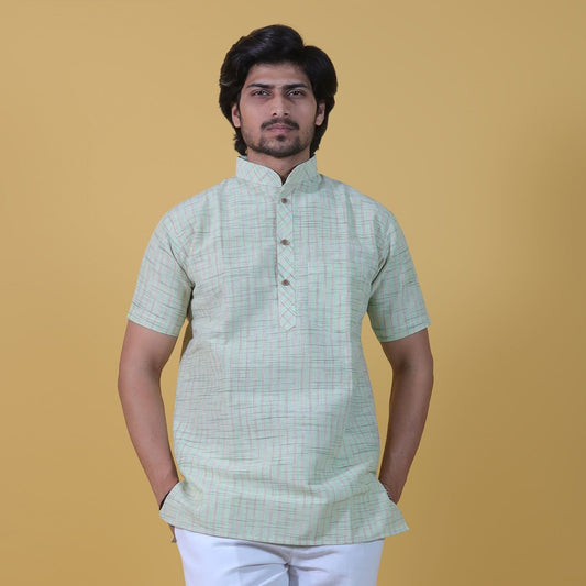 green khadi short kurta with golden stripes for men front view
