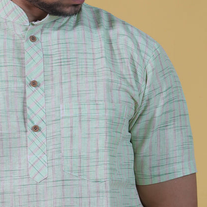 green khadi kurta fabric golden stripe detail close-up