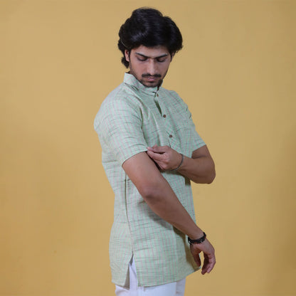 side view green khadi short kurta with golden stripes for men