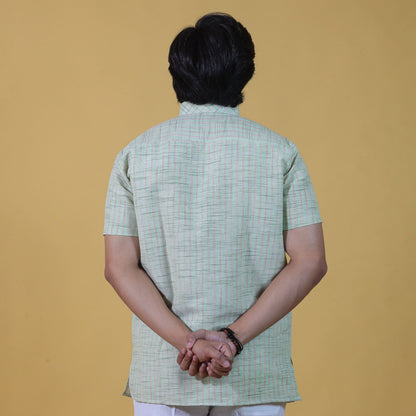 back view green khadi kurta with subtle stripe pattern