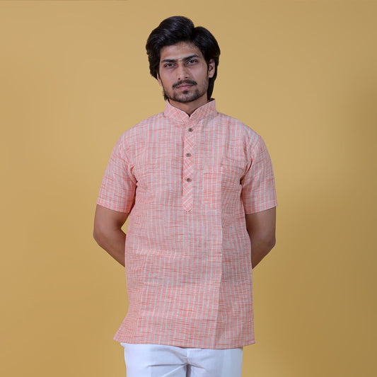 orange khadi short kurta for men with golden stripes front view