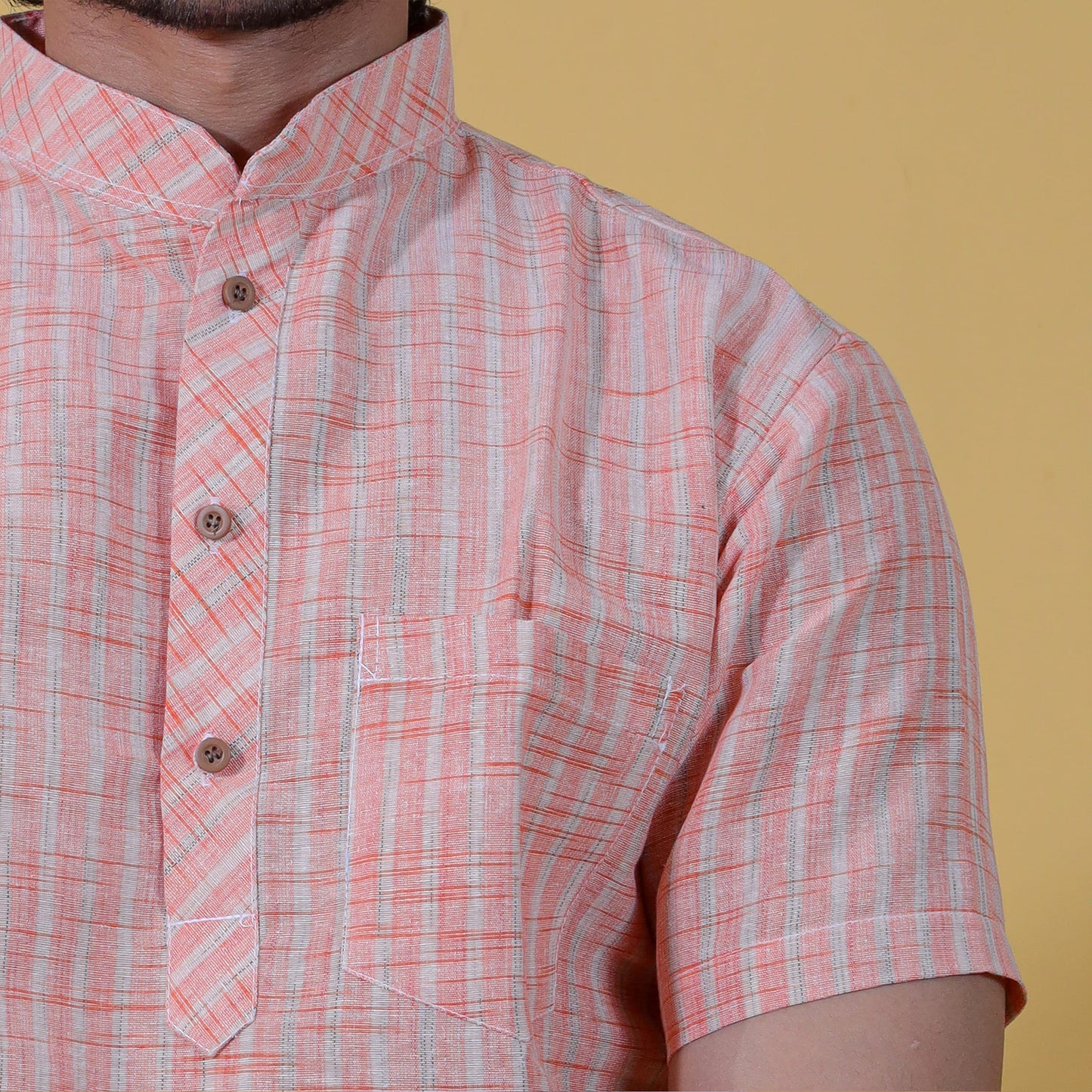 khadi cotton orange kurta men striped pattern close-up