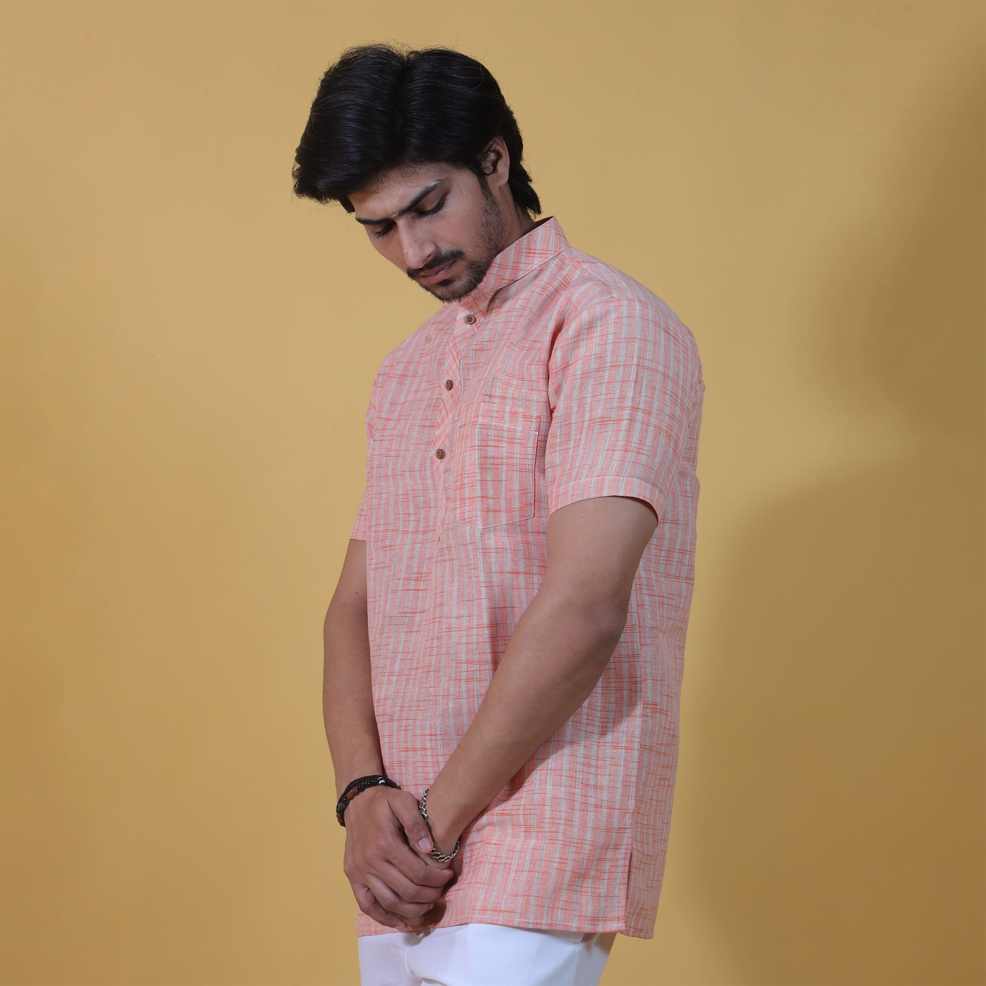 orange short kurta for men half sleeve side profile