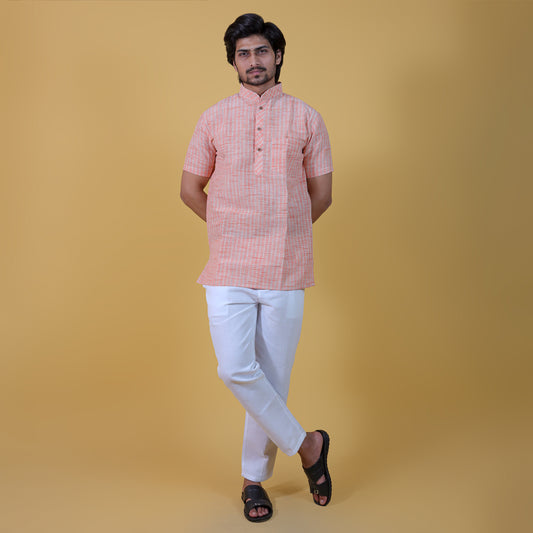 Combo Set Golden Striped Half Sleeves Short Kurta Pant-Orange