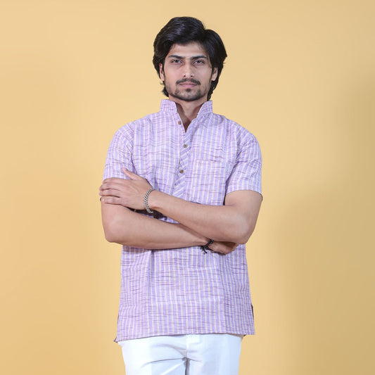 purple khadi cotton short kurta for men with golden stripes front view