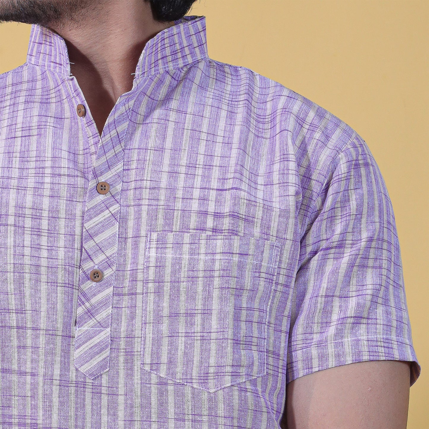 purple khadi cotton kurta striped pattern close-up