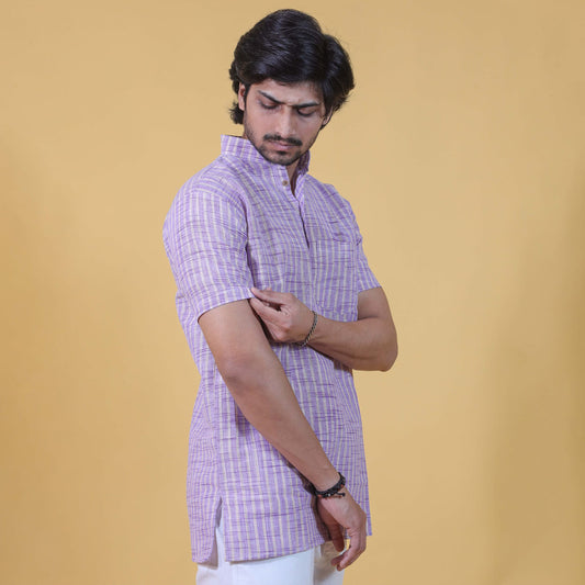 half sleeve purple khadi kurta side angle for men
