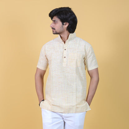 yellow khadi short kurta for men with golden stripes front view