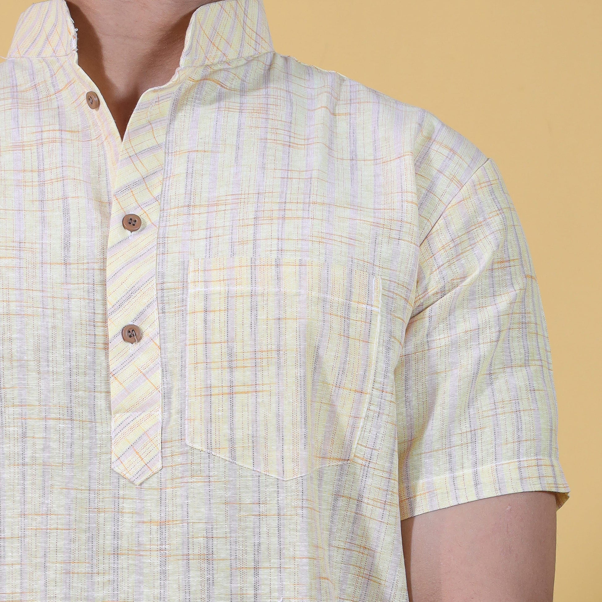 Golden Striped Yellow Half Sleeves Kurta Close-Up with Mandarin Collar