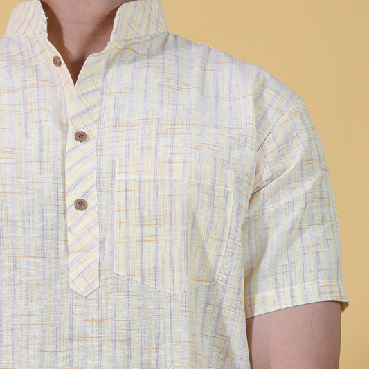 Golden Striped Yellow Half Sleeves Kurta Close-Up with Mandarin Collar