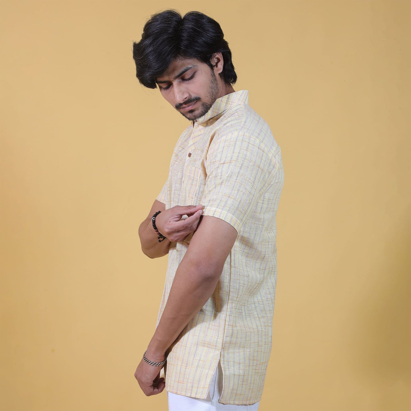 side view yellow khadi short kurta half sleeves for men