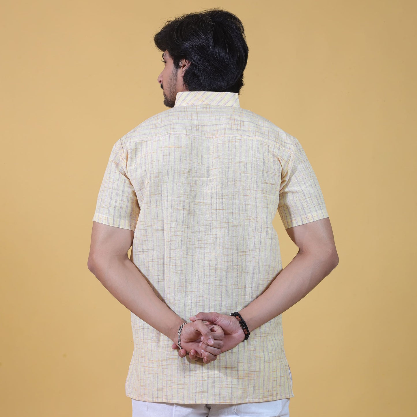 handwoven back view yellow khadi kurta relaxed fit