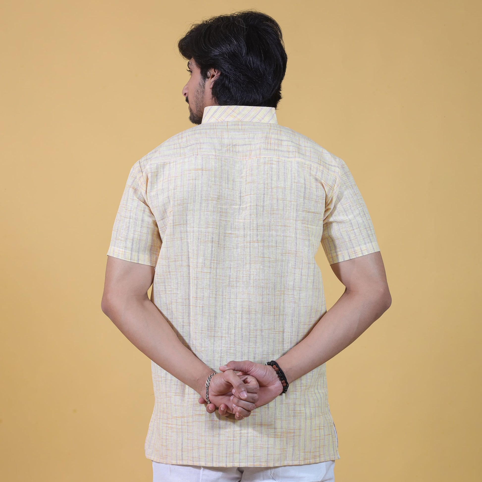handwoven back view yellow khadi kurta relaxed fit