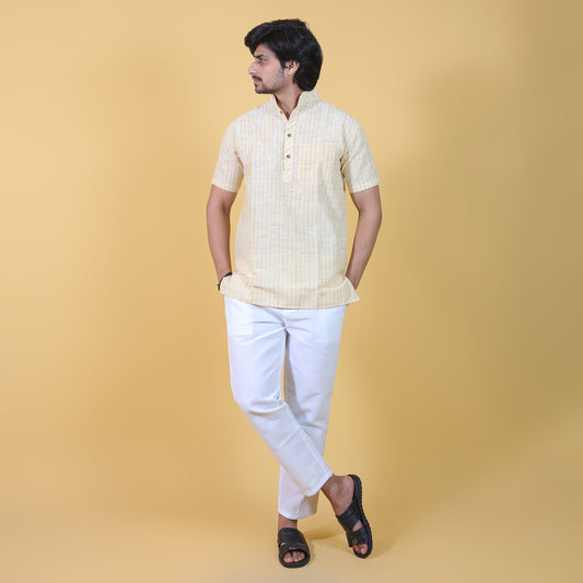 Combo Set Golden Striped Half Sleeves Short Kurta Pant-Yellow