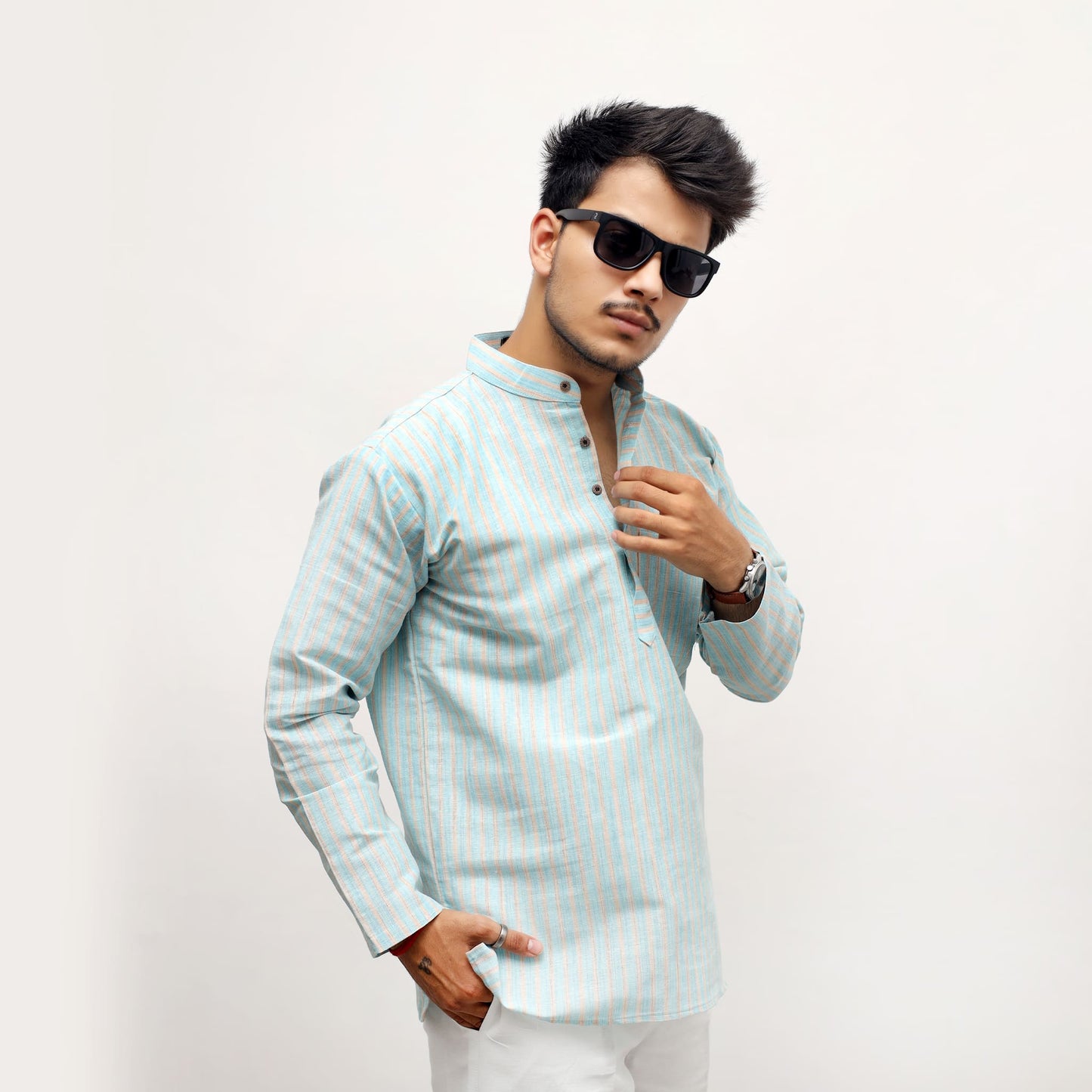 Blue golden striped khadi short kurta front model view