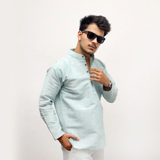 Blue golden striped khadi short kurta front model view