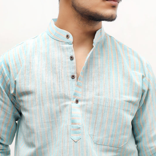 Blue striped khadi kurta mandarin collar close-up detail