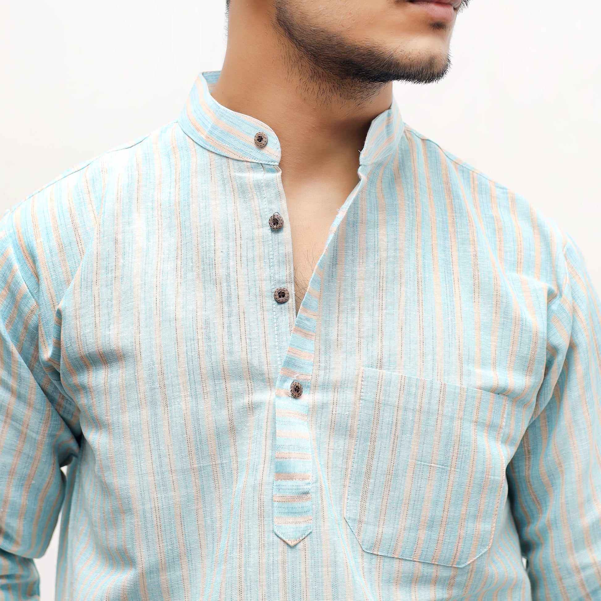 Blue striped khadi kurta mandarin collar close-up detail