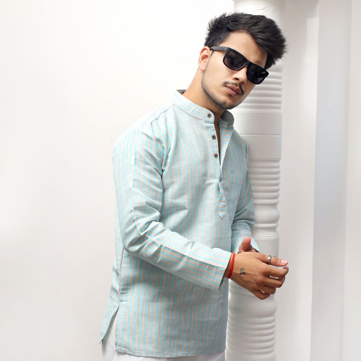 Blue golden striped full sleeves short kurta side angle