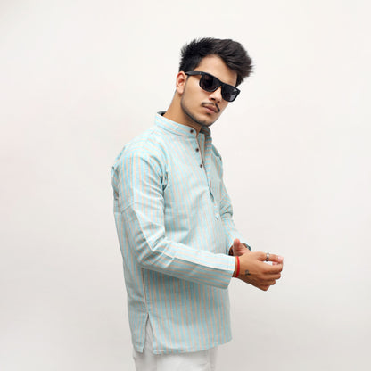 Blue khadi striped kurta styled casual look front pose