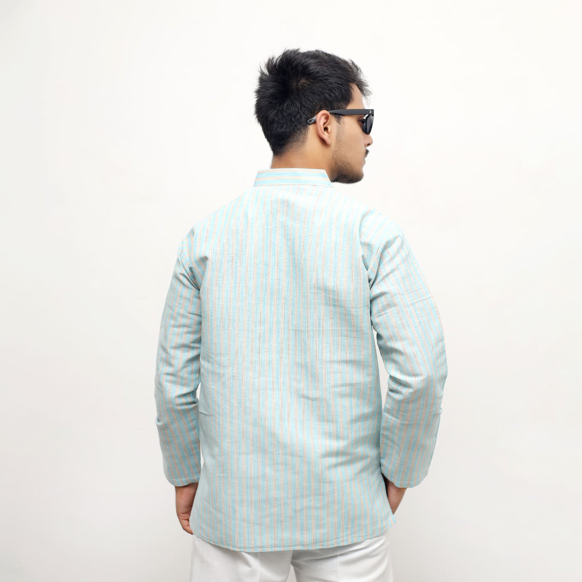 Blue golden striped khadi kurta back profile fit view