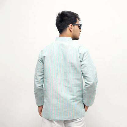Blue golden striped khadi kurta back profile fit view