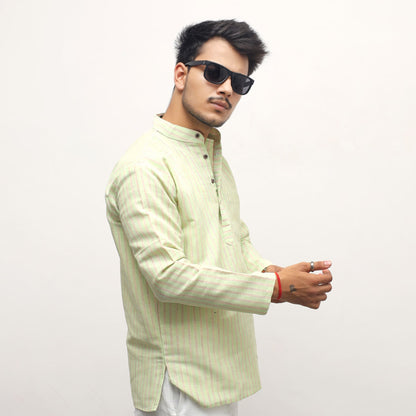 Green Golden Striped Full Sleeves Khadi Short Kurta side profile