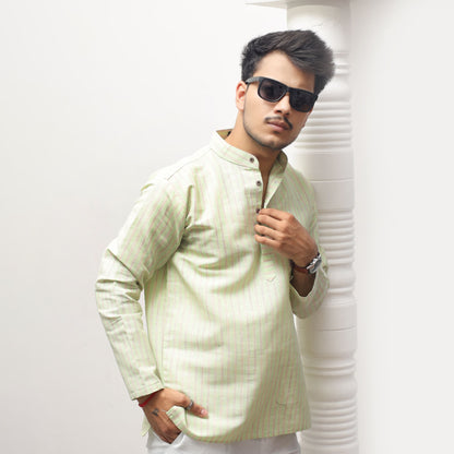 Green khadi striped kurta styled casual modern look