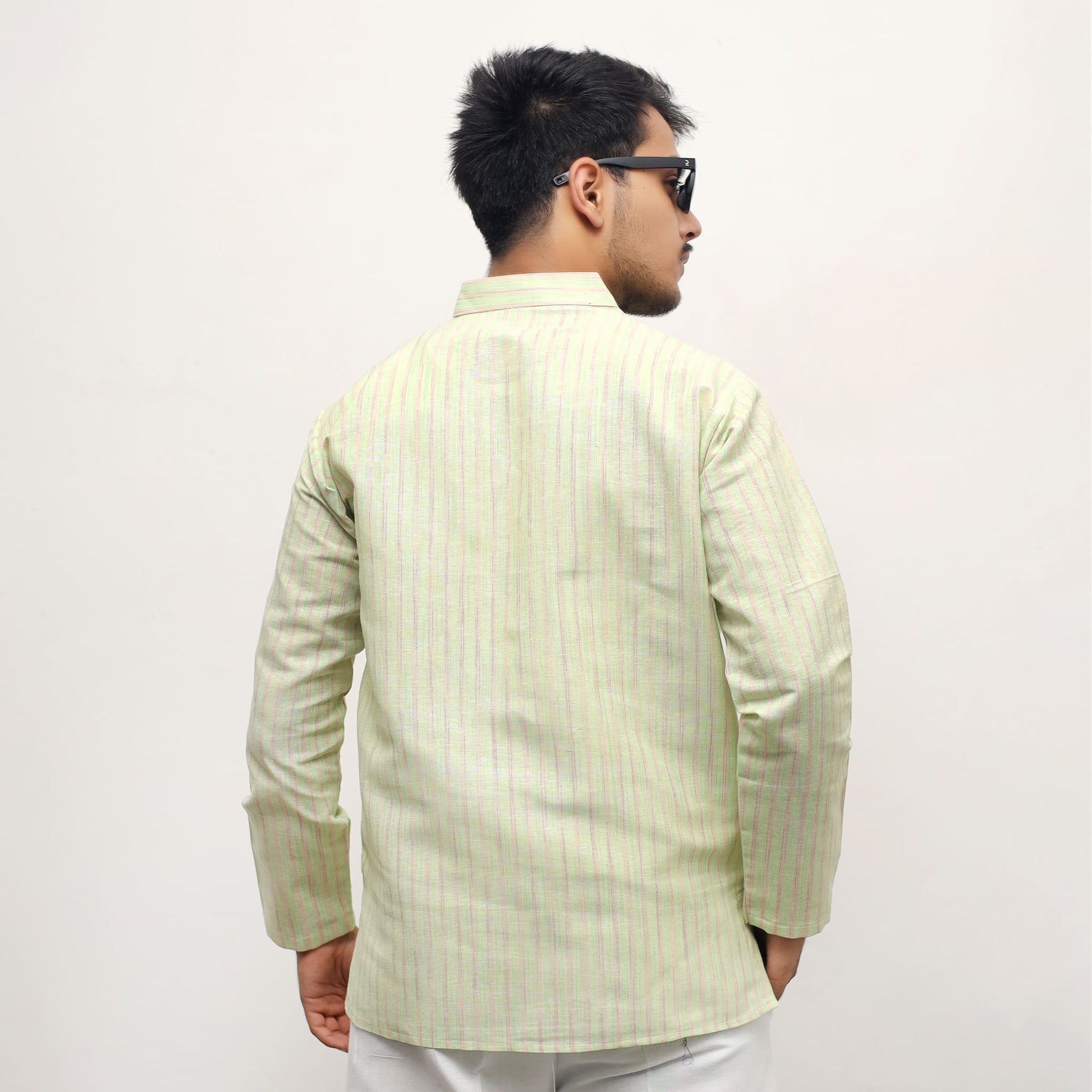 Green Golden Striped Khadi Short Kurta back angled fashion pose