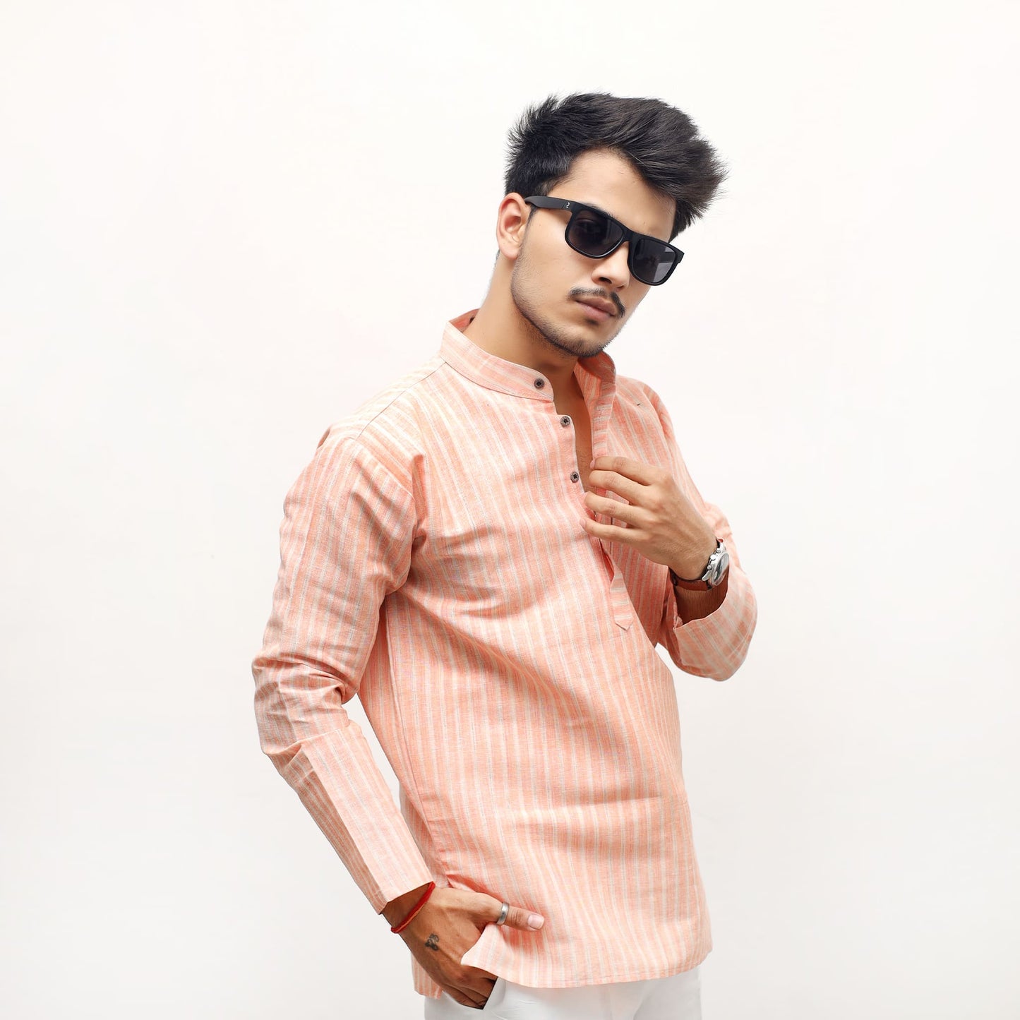 Orange Golden Striped Full Sleeves Khadi Short Kurta front model view